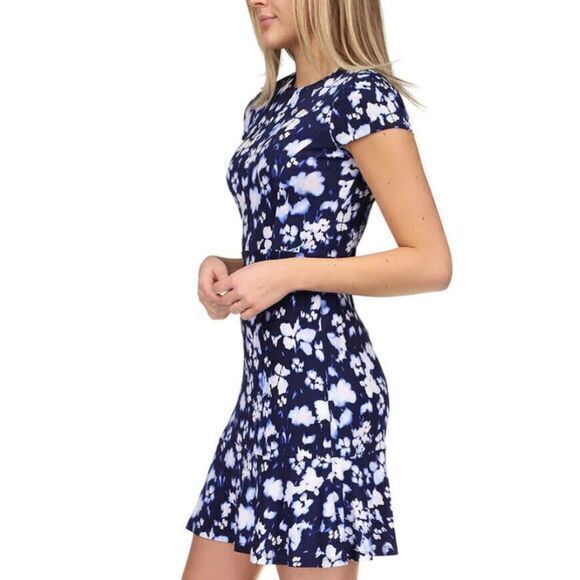 NEW Michael Michael Kors Ikat Poppy Flounce Navy Dress Short Sleeve Womens Sz S - Picture 3 of 10